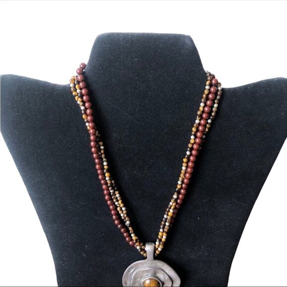 Vintage Premier Designs Eye Tiger Silver Tone Brown Beaded Medallion Necklace - Picture 9 of 10